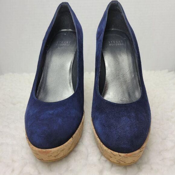 Stuart Weitzman Women's Cork Wedge Shoes Size 8.5 Navy Blue Suede Shoes - Picture 2 of 9